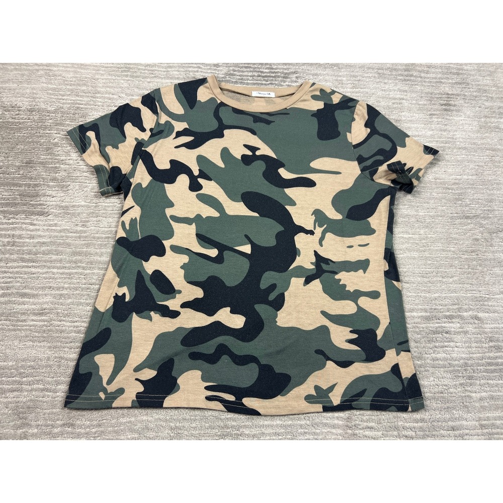 Blooming Jelly T-Shirt Womens L Green Camo Print Crew Neck Rayon Spandex Casual